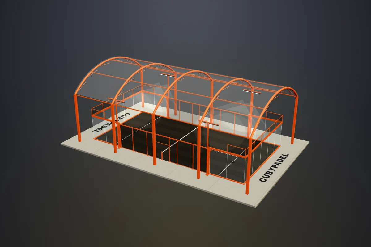 Render 3D de una cubierta curva CubyPadel sobre pista de pádel