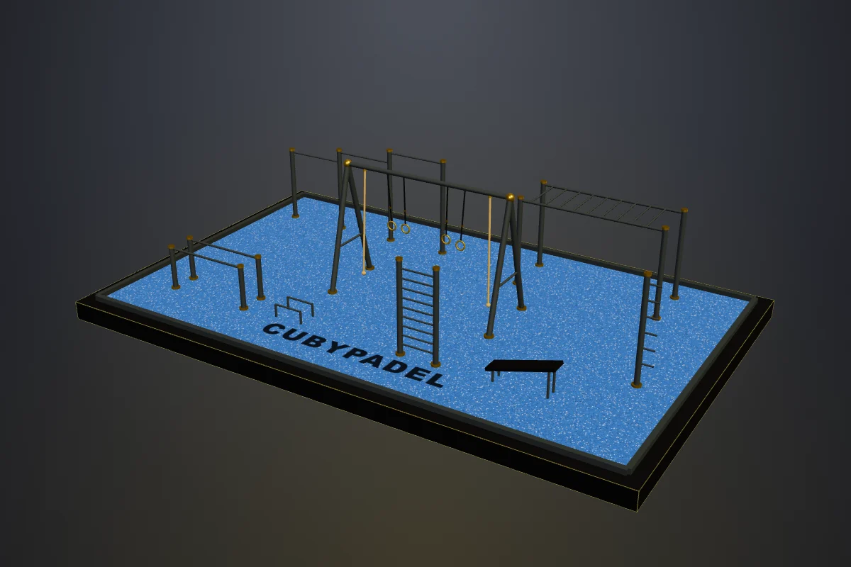 Render 3D de un parque de calistenia CubyPadel sobre caucho azul
