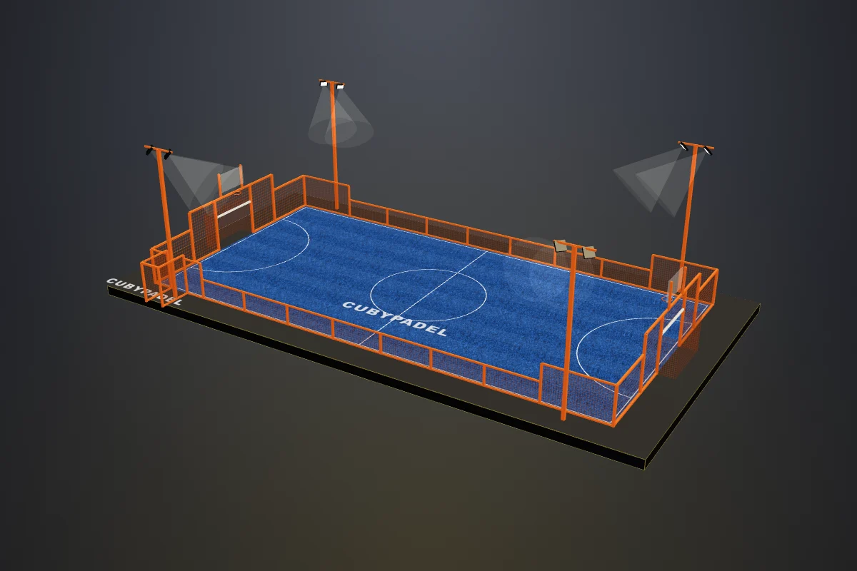 Render 3D de una pista multideporte CubyPadel con estructura naranja