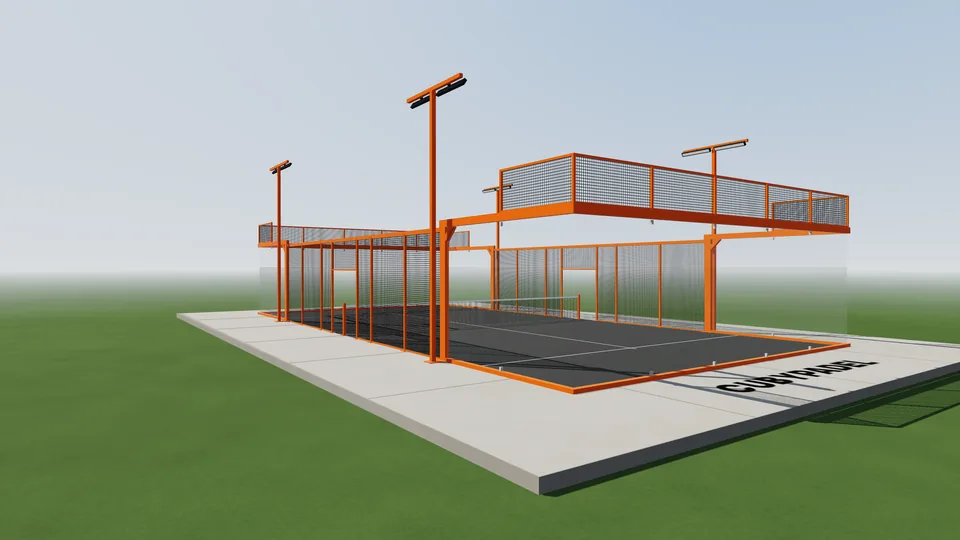 Pista de pádel ultrapanorámica CubyPadel con estructura naranja